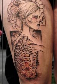 大腿素描風格黑線女人與骨架花紋身圖案