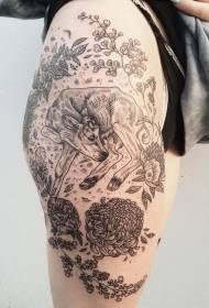 Crisantemo di linea nera stile incisione coscia e motivo tatuaggio di mucca