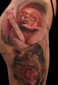 Tatuaggio modello di gambe con rose colorate e ragazza