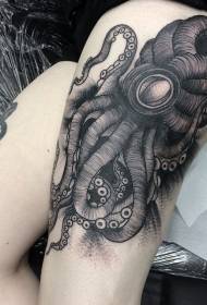 Modello di tatuaggio polpo misterioso nero stile intaglio coscia
