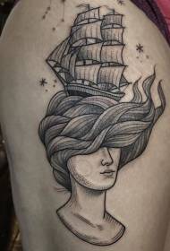 Coscia linea nera pungiglione donna misteriosa con disegno del tatuaggio a vela