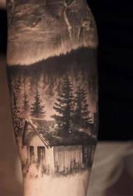 Arm realistický styl lesní dům s noční oblohy tetování