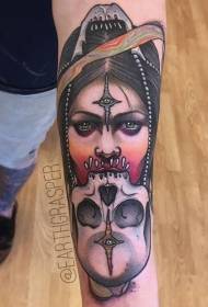 Braccio donna colorata di nuovo stile con tatuaggio teschio umano