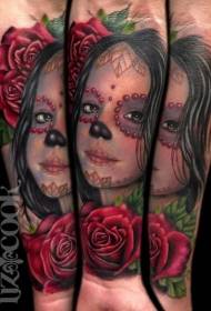 Рука кольорові дівчинка портрет з квітковим малюнком татуювання
