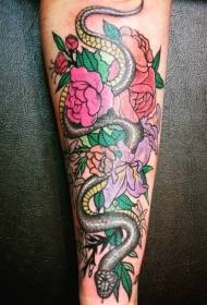 Vanha tyyli käsivarren kukka käärme tatuointi malli