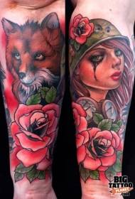 Рука новый стиль красочный женский портрет с рисунком татуировки лиса