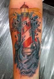 Arm old school style launi lighthouse tare da wavy tattoo