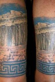 Rankos spalvos graikų griuvėsių kraštovaizdžio tatuiruotės modelis