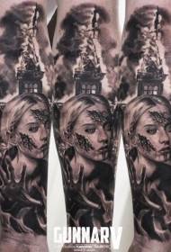 Bracciu stile horrore di donne neri in zombie è ardente modellu di tatuaggi di chjesa
