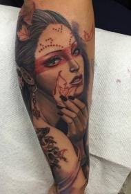 modello del tatuaggio del ritratto delle donne zingare di colore del vitello della vecchia scuola