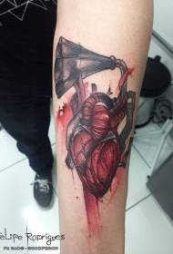 Arm bloody gramophone with human heart tattoo pattern
