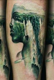 Arm illustration, color portrait, waterfall tattoo pattern