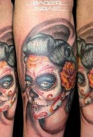 Arm color mexican death goddess tattoo pattern