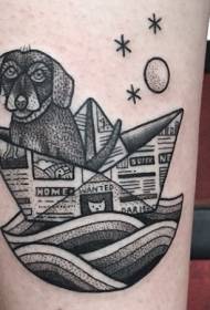 Câine mică negru amuzant câine prickly ureche model de tatuaj barcă de hârtie