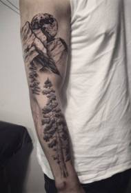 Modèle de tatouage de paysage de montagne gris arbre bras