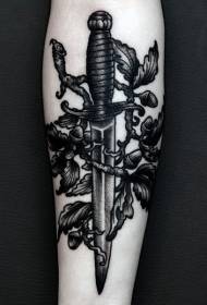 pugnale stile incisione braccio nero con foglie Modello del tatuaggio