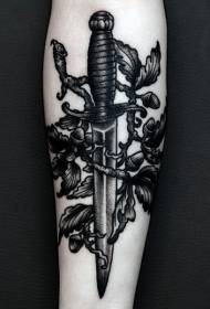 dagger stíl greanta dubh lámh le duilleoga Patrún tattoo