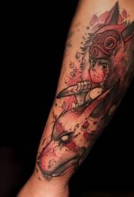Jeune fille de bande dessinée couleur vieille école avec motif de tatouage de loup