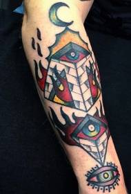 腕の古いスタイルのカラフルな神秘的なピラミッド、目のタトゥー