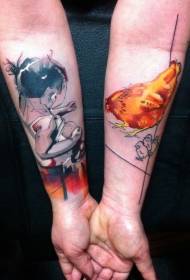 Värikäs kana ja lapsi tatuointi malli käsivarret