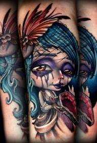 Kis kar színű aranyos boszorkány és koporsó tetoválás minta
