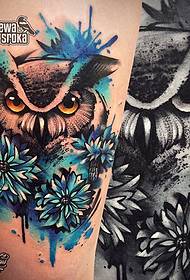 Ankle owl flower splash ink watercolor tattoo pattern