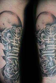 Cráneo negro negro estilo rosa e patrón de tatuaxe de letras