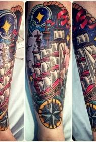 Aseta tyyliin uudenvärinen purjevene yötaivaalla tatuointikuviolla