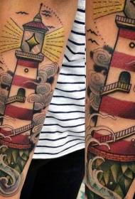 Braço estilo de ilustração de farol colorido e tatuagem ondulada