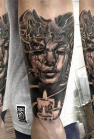 jib modern traditional style black female portrait candle tattoo pattern