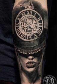 Arm Black Grey Estilo ng Mekanikal na Orasan na may Female Hat Tattoo Pattern