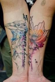 ramię słodkie Czarna linia z wzorem tatuażu akwarela ptak