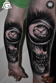 Enkel mysterieus zwart oog klok en schedel tattoo patroon