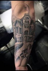 Arm gray washed dark house and cemetery tattoo pattern