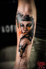 Stile di incisione di donna colorata con motivo a tatuaggio teschio umano