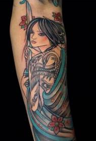 Modello di tatuaggio geisha asiatico multicolore braccio della vecchia scuola bella