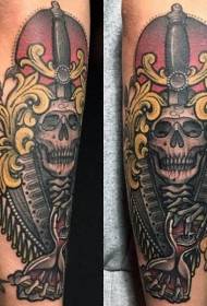 Squelette de couleur étrange du bras avec tatouage d'horloge de sable
