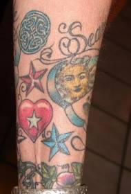 Arm colored sun five-pointed star and love tattoo pattern