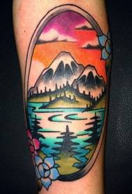Braccio color montagna lago paesaggio tatuaggio modello