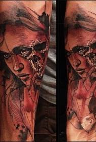 Tatuaje de cráneo de muller colorido en brazo con estilo surrealista