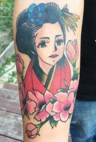 Ang gamay nga kolor sa estilo sa komiks nga maanyag nga geisha nga adunay sumbanan sa tattoo sa bulak