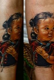 Realistic style colorful asian little girl portrait tattoo pattern