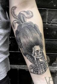 Arms black and gray engraving style of medieval women skeleton tattoo