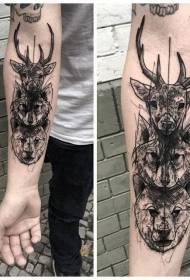Įvairių gyvūnų galvos tatuiruočių dizaino rankos iliustracijos stilius