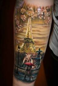 Xim dawb thaum tsaus ntuj Paris tattoo nyob rau hauv caj npab tiag tiag style