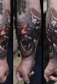 Arm realistic color warrior mask tattoo pattern