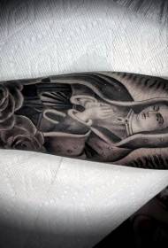 Arm-illustrasiestyl bidende vrou met roos tattoo