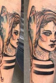 Arm sketch style colorful woman with fish tattoo pattern
