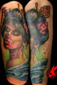 Small arm accurately drawn color zombie Asian geisha portrait tattoo pattern