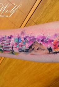 Mažos rankos pastato kraštovaizdžio spalvos purslų rašalo tatuiruotės modelis
